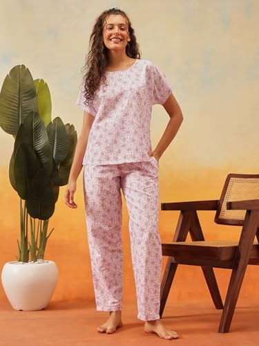 Image of Clovia Women's Floral Print T-Shirt & Pyjama Korean Night Suit for Girls | Rayon Korean Night Dress Set | Comfortable Multicolor Sleepwear