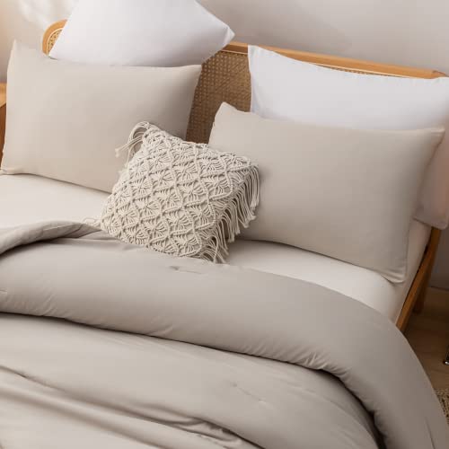 Weigelia Queen Comforter Solid Color 3Pcs Boho Bed Comforter Set Queen Size Tannish Linen Grey Soft Lightweight Down Alternative Microfiber Comforter For All Season (1 Comforter, 2 Pillowcases) #TOP3