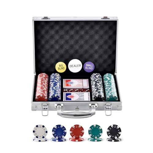 VEVOR Set di Fiches da Poker, Set Poker 200 Pezzi, Set Completo Fiches da Carte da Giochi con Valigetta in Alluminio, Fiches da Poker 6-7 Giocatori, Carte, Bottoni Dadi per Texas Hold'em, Blackjack