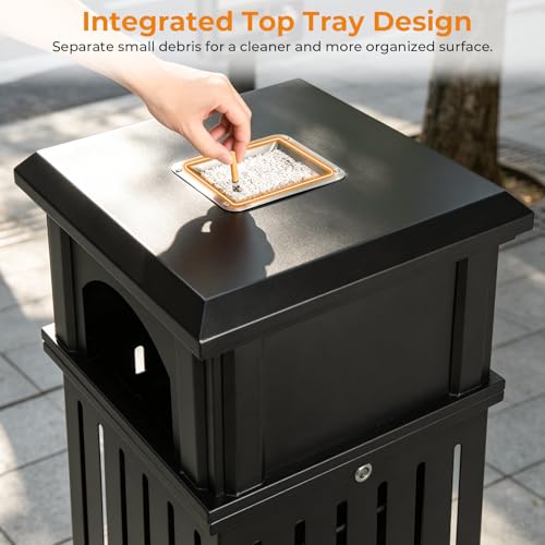 Image of BEAMNOVA Commercial Outdoor Trash Can with Lid, Matte Black, 15.8 * 35.5 in | Metal Heavy Duty Garbage Can Outside Waste Container for Hotel, Patio, Business, Pool Area, Exterior Public Area