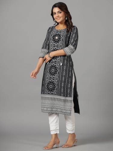 Image of Juniper Black Ethnic Motif Printed Rayon Slub Kurta with Beads & Sequins Work