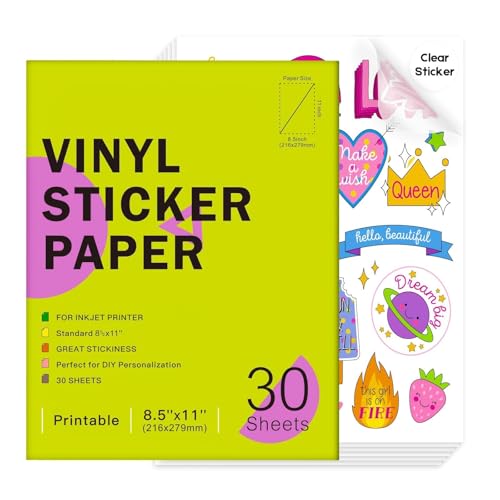 30 Sheets Printable Clear Vinyl Sticker Paper for Inkjet Printers, Transparent Paper of 8.5x11