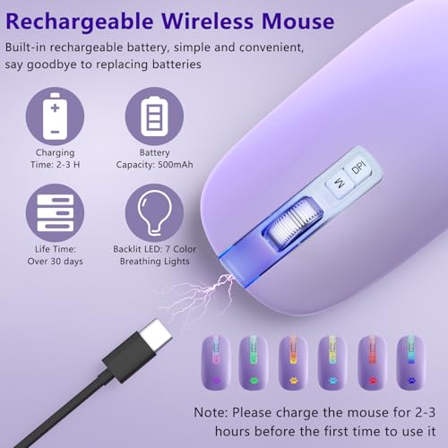 Image of KARFUN Wireless Mouse, Backlit LED Portable Slim Computer Mouses for Laptop, PC, Computer, MacBook, iPad, Chromebook, Notebook, 2.4G Rechargeable Wireless Mouse (Light Purple) | 7-Color LED 3 DPI Silent Click, 2.4G Rechargeable Slim Backlit Mouse, Ergonomic for Laptop,MacBook,iPad,Chromebook Office