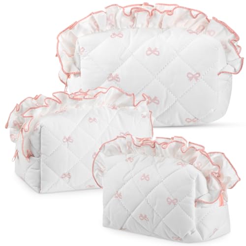 Kacctyen 3 Pcs Coquette Pink Bow Quilted Makeup Bag Set Cute Aesthetic Ruffles Cosmetics Bag Preppy Travel Makeup Pouch for Women Girl Toiletry Pencil Pouch Large Small Size