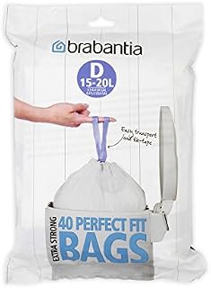 Brabantia IdealFit Bin Liners (Size D/15-20 Litre) Ideal Quality Thick Plastic Trash Bags with Tie Tape Drawstring Handles (40 Bags)