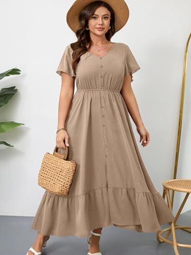Image of RWJ Women Plus Size Maxi Dress V Neck Short Sleeve Button Trim Split Flowy Tiered Casual Long Dresses 2025 L-3XL