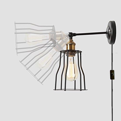 Kiven Iron Cage Lamp Shade Retro Industrial Edison Antique Style Wall Lamp E26 UL Certification Plug-in Button Switch Cord Fixture Lights Wall Sconce Bulbs Included