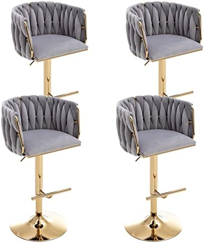 DUOMAY Modern Swivel Bar Stools Set of 4, Velvet Adjustable Height Barstool with Barrel Back Kitchen Island Counter Bar Chair with Golden Base, Grey