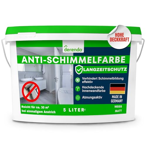 derendo Anti Schimmel Farbe weiß innen 5 Liter Wandfarbe weiß gegen Schimmel Badezimmer Feuchtraumfarbe Schimmel Stopp Langzeitschutz Schimmelentfernung