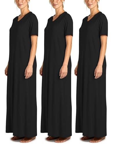 Image of Real Essentials 3 Pack: Women's Soft Maxi Long Nightshirt Short Sleeve Soft Nightgown Sleep Dress (Available in Plus Size)