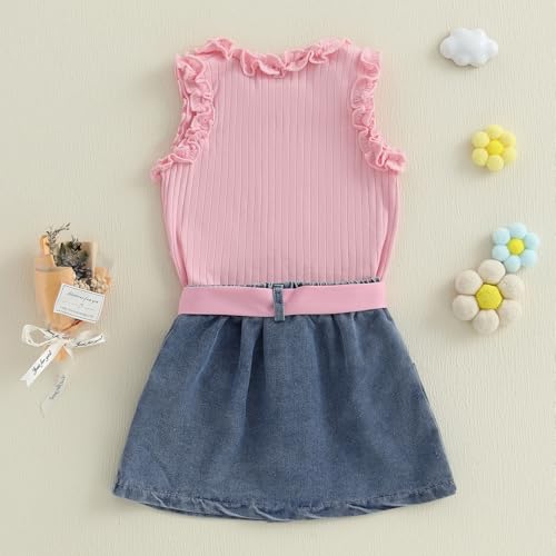 Image of Toddler Girls Summer Outfits Solid Color Ruffle Sleeveless Tank Tops Vest Denim Skirts Kids Fashion 2 Piece Outfits