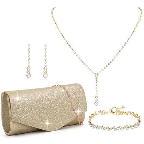 Clutch Purse Jewelry Set for Women Evening Bags Silver Gold Rhinestone Crystal Necklace Earrings Bracelet Set Formal Wedding Bridal Accessories Jewelry for Prom