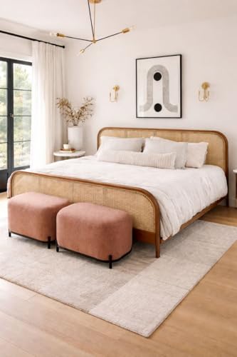 Image of Queen Size Wooden Bed | Modern Cane Headboard & Footboard | Low Height Double Bed for Bedroom Natural
