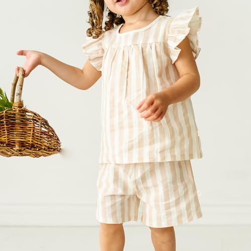 Image of MakeMake Organics GOTS Certified Organic Cotton Baby Kids Toddler Girl Top and Short Outfit Set - Beige Stripes, 2-3 Years