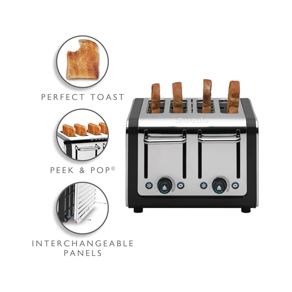   Dualit-Design-Series-4-Slice-Toaster-Polished-Stainless-Steel-with-Black-Trim-Extra-Wide-Slots--Peek-and-Pop-Function--Patented-Perfect-Toast-Technology--Matching-Kettle-Available