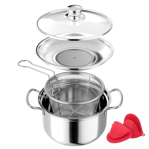 Comparison: Best Stainless Steel Fry Pot With Basket 6 Frying Pot,Stainless Steel Deep Fryer Pot,4L/4.2QT Large Capacity 3 in 1 Stove Top Fryer with Basket and Strainer,Tempura pot, for French Fries,Boiling for Kitchen,Grease Container with Strainer