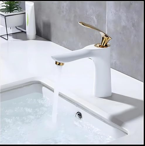 Image of AQUAKART Gold White Basin Mixer Tap Faucet with Connection Pipes Gold Colour (Golden Belle) (White-Gold)