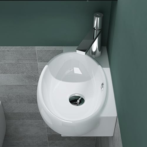 Mai & Mai Waschbecken Gäste WC Aufsatzwaschbecken Hängewaschbecken aus Keramik mit NANO, BTH: 42x28x15cm, in weiß, Armaturenloch Links Brüssel001R – Bild 3