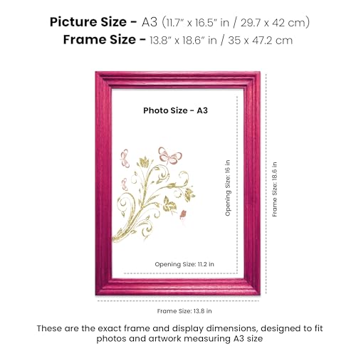 Image of Handmade Wooden Photo Frame, A3 (29.7 x 42 cm) Display for Artworks, Pictures and Photos of Your Loved Ones, Best for Home, Office, Wall Decor, Living Room, Bedroom, Pink Robin