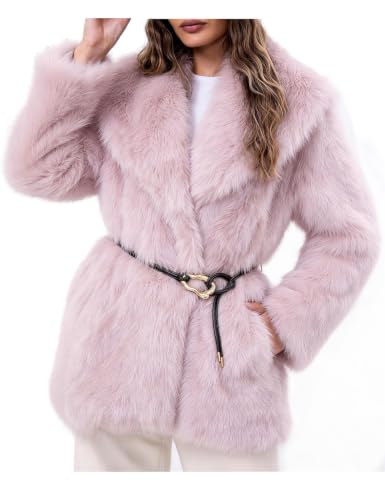 Kissonic - Kissonic Womens Faux Fur Coat Lapel Mid Long Shaggy Furry Jacket with Belt - Best Deal on Amazon