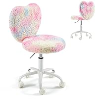 HOMREST Kids Desk Chair with Wheels, Cute Fluffy Desk Chair for Girls with Heart-Shaped Back, Adjustable Seat Height, Suitable for Bedroom & Reading Room, Colorful