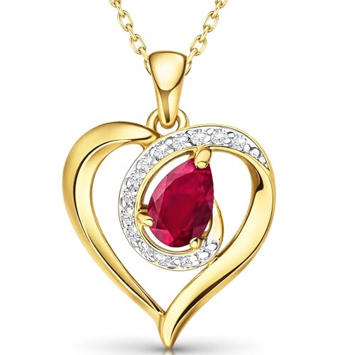 Limana Goldkette Damen mit echtem Rubin Edelstein – Zirkonia Akzente, aus 925 Silber vergoldet, Herzkette/Herz Kette mit Anhänger, Halskette, Schmuck Geschenk für Frauen & Freundin