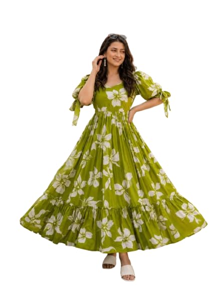 Women's Green Floral Printed Maxi Gown | Square Neck Puff Sleeve Tie-Up Long Flared Gown | Casual, Party, Vacation for Women-image-30