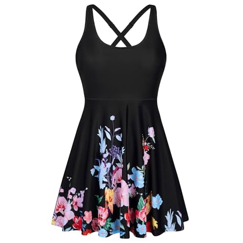 HUSKARY One Piece Swim Dress for Women Swimsuits 2026 Tummy Control Adjustable Strap Modest Cute Bathing Suit 22 Plus Black Floral 2