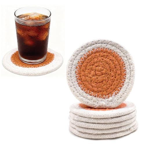 Image of Encasa XO Drink Coasters Set of 6 | Coral & Off White with Round (9 cm) | Handcrafted Ribbed Cotton | Absorbent & Heat-Resistant | Use for Tea, Coffee Table & Desk
