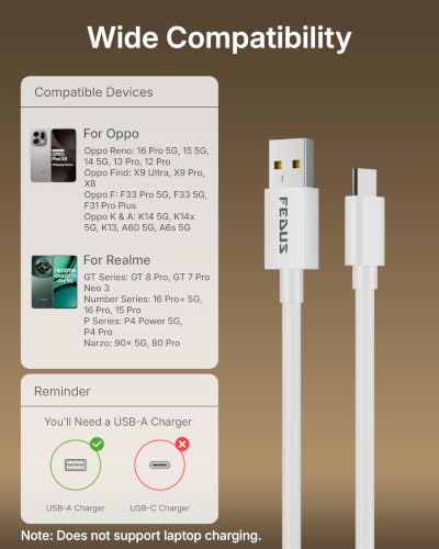 Image of FEDUS ZETTA-X5I 80W Type C Fast Charging Cable 1M, Original For Realme 16 Pro /15 /GT 8 /7 /6, Oppo Reno 16 /15 /13 /12 SuperVOOC, SuperDart & Mi Turbo Data Cable 7.3A,Thick USB A to C Cord