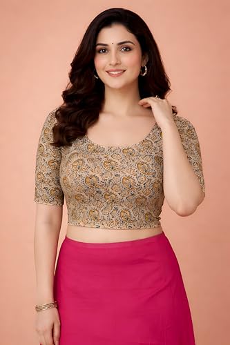 Image of Amazon Brand - Anarva Women's Kalamkari Print Cotton Stretchable Round Neck Readymade Saree Blouse