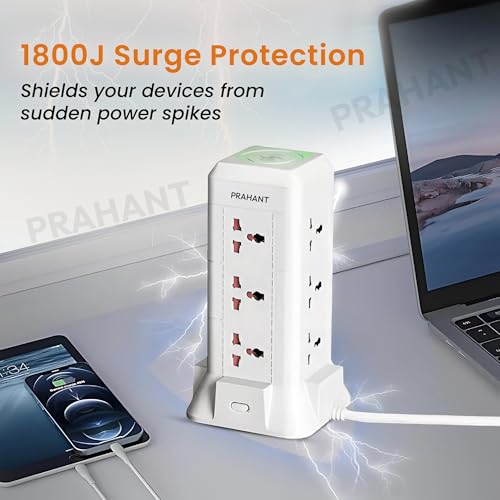 Image of 16 in 1 Universal Multi Sockets Tower Extension Boards,12 Sockets,2 USB Port,1 Type C Port,with Surge Protection,Smart Energy Saving,1.8M Extension Cords,with Wireless Charging Point