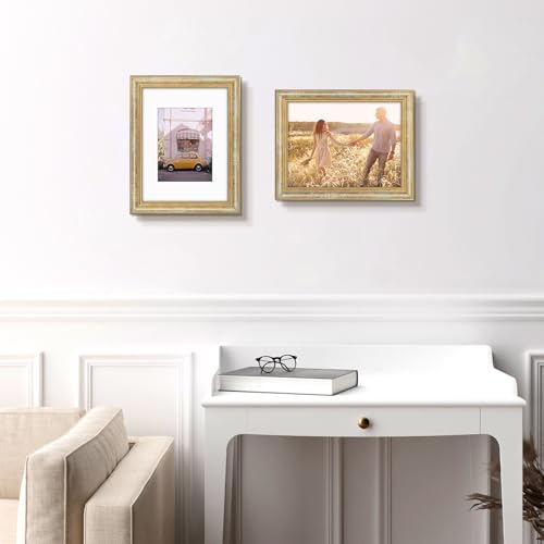 Image of Golden State Art,9x12 Ornate Picture Frame Holds 6x8 Photo,Vintage Gold | Includes real glass front,white mat,build-in hangers and buttons.Displays 6x8 photo on wall