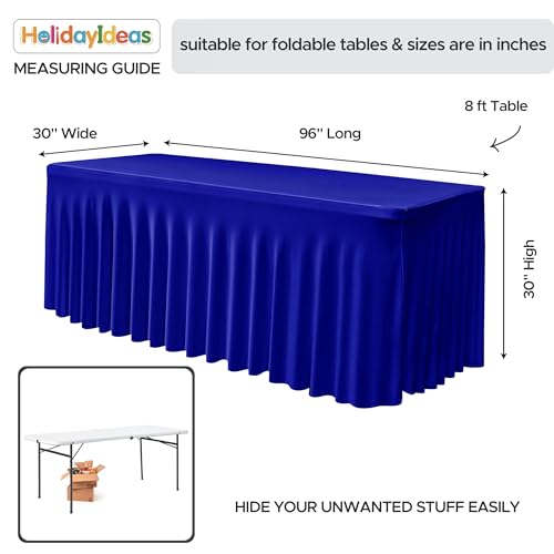 Image of HolidayIdeas Royal Blue 8ft Rectangle Spandex Tablecloth 2 Pack Fitted Stretch Table Skirts 30x96 Inch, Ruffle Design Wrinkle-Free Polyester Table Cover for Banquets,Trade Shows, Parties, Events