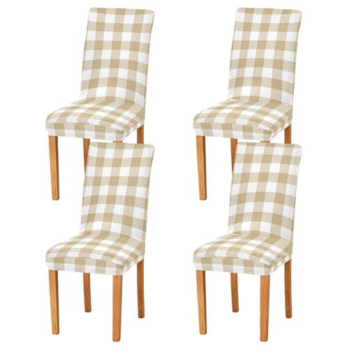 Khaki Buffalo Plaid Check Dining Chair Covers Set of 2 Spandex Stretch Chair Protector Cover for Home Decorations Restaurant