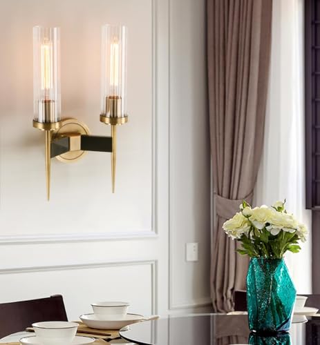 Image of PERMO wall sconces 2 Lights Glod Wall Light Fixtures with 2.8 inch Cylindrical Clear Glass Shade Brass Double sconces for Living Room Bathroom Corridor Mirror Bedroom