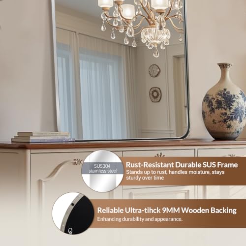 Image of Arch Mirror, 24 inch x 38 inch Arched Chrome Mirror in Stainless Steel Metal Frame, Chrome Bathroom Mirror for Wall, Arch Top Rounded Corner 1 inch Deep Set Design Wall Mount Hangs Vertical