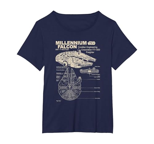Star Wars Classic Millennium Falcon Freighter Schematic T-Shirt, Women's Plus, Navy Blue, 1X