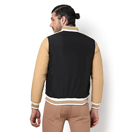 Image of Campus Sutra Men's Tan & Black Colour-Blocked Puffer Regular Fit Bomber Jacket For Winter Wear | Low-Cut Standing Collar | Full Sleeve | Zipper | Casual Jacket For Man | Western Stylish Jacket For Men