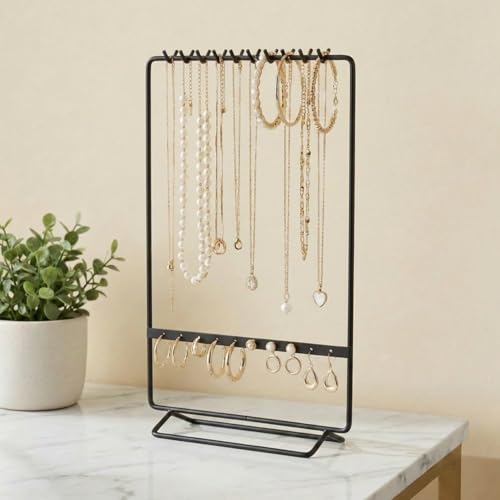 Image of ecofynd 2-Tier Metal Jewelry Organizer Stand with 11 Nail Hooks & 10 Earring Holes, Necklace Holder, Bracelet & Ring Storage Rack, Space-Saving Display for Vanity, Dressing Table & Home (Black,JS008)