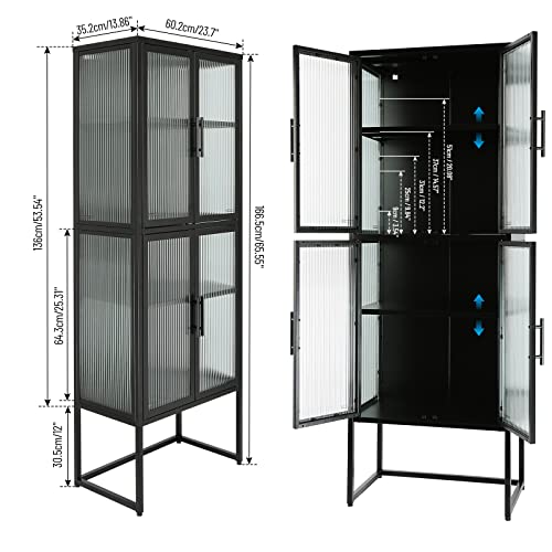 Ikayaa Tall Fluted Glass Storage Cabinet With 4 Doors And 4-Tier Adjustable Shelves Metal Display Cabinet Freestanding Cupboard Bookcase For Kitchen Living Dining Room Office Entryway Black #TOP1