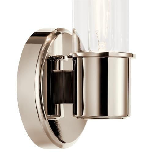 Image of Kichler Aviv 1-Light Wall Sconce, Modern Light with Clear Glass in Polished Nickel, for Bedroom, Laundry Room, Kitchen or Hallway (13 inch x 5.5 inch), 52653PN