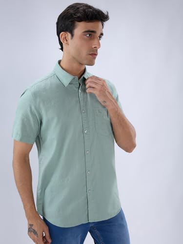 Image of Parx Men Slim Fit Solid Pattern Pure Cotton Button Down Collar Half Sleeve Casual Shirt