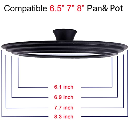 Universal Lid For Pots, Pans And Skillets - Tempered Glass With Heat Resistant Silicone Rim And Heat Resistant Handle Fits 6.5", 7" And 8" Diameter Cookware, Black #TOP2