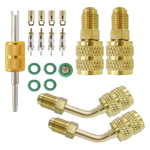 Adaptador Mini Split R410a de 45° en latón y aluminio – Rosca hembra SAE de 5/16" a rosca macho SAE de 1/4" con removedor de núcleos de válvula y 5 núcleos tipo 5V1 para servicio HVAC