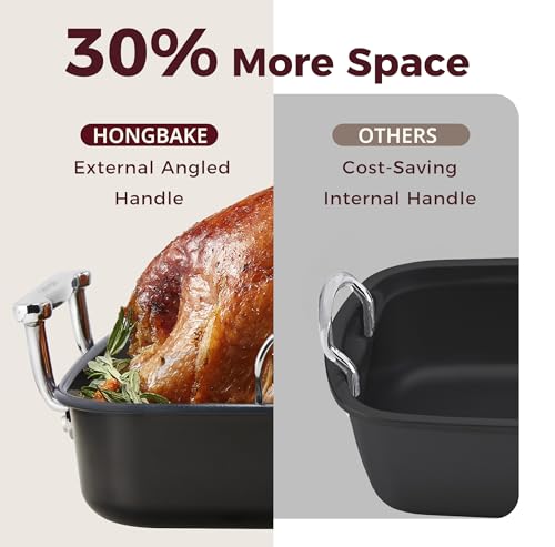 Image of HONGBAKE Roasting Pan with Rack, 17.6x11 Inch Nonstick Roaster Pan for 17 lb Turkey, Chicken and Lasagna, Deep Turkey Pan for Oven, Heavy Duty Oven Roaster Tray, Wider Handles, Gray