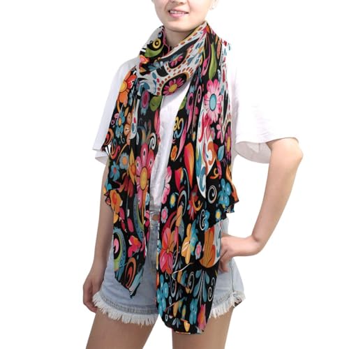 ALAZA Halloween Sugar Skull Flower Floral Chiffon Silk Long Scarf Shawl Wrap4