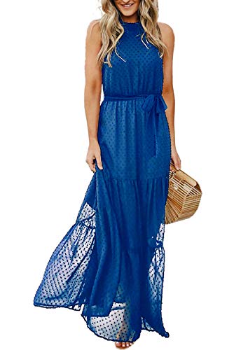 PRETTYGARDEN Women’s Casual Halter Neck Sleeveless Floral Long Maxi Dress Backless Loose Ruffle Sundress with Belt