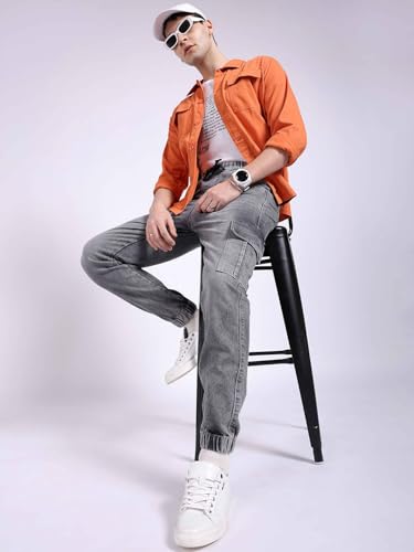 Image of The Indian Garage Co Men Regular Fit Solid Mid-Rise Stretchable Denim Cargo Joggers