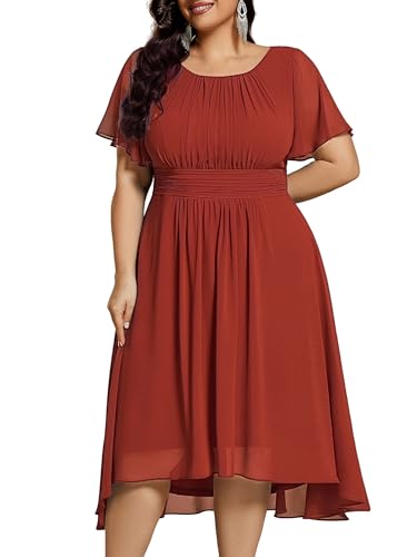 Image of Ever-Pretty Women's Plus Size Formal Wedding Guest Dresses for Curvy Women A Line Chiffon Midi High Low Cocktail Dress